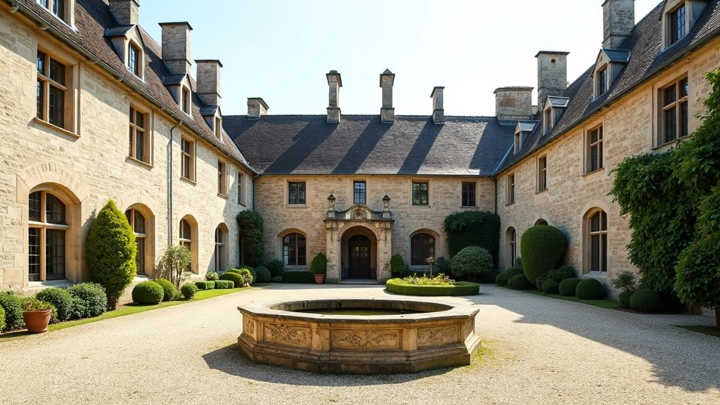 Binnenplaats van kasteel met waterputten en symmetrische architectuur