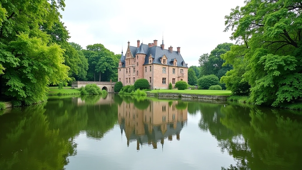 Kasteel gevel weerspiegeld in water met groen eromheen