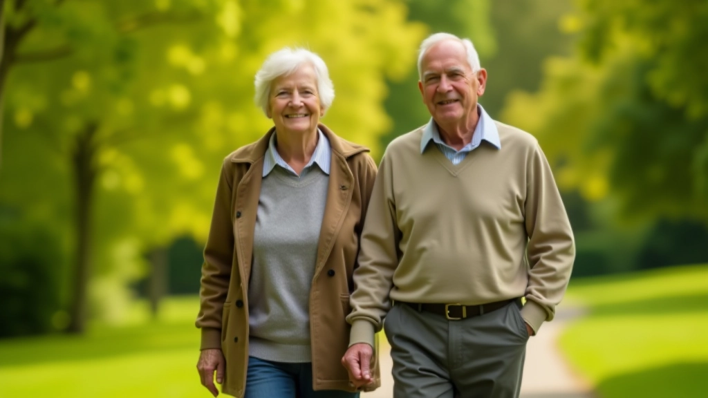 Ouder paar wandelend in het park op een zonnige ochtend, beide gekleed in sportkleding