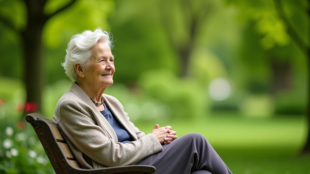 Senior wandelaar rustend op houten bankje in abdijtuinen met groene omgeving