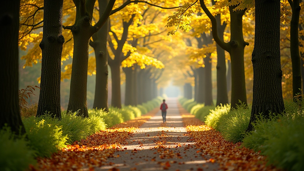 Groene wandelpad omgeven door bomen en bladeren in herfst