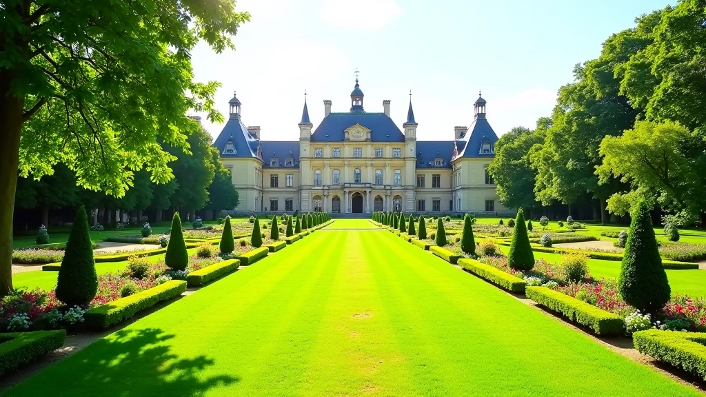 Kasteeltuin met bloemenperkken en groene gazon in zonnig licht