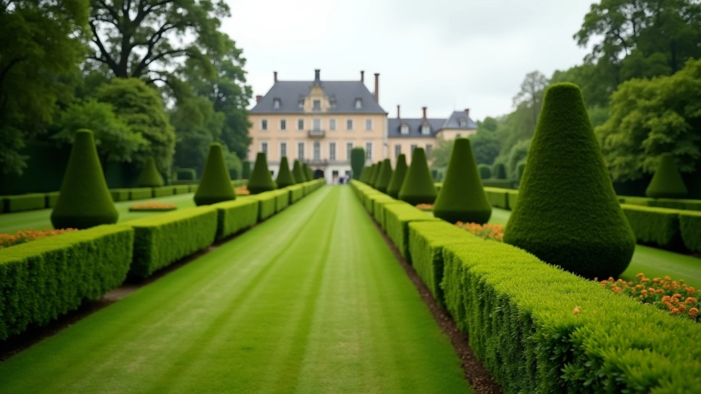 Tuinen van kasteel met groene gazons en gesnoeide haagstructuren