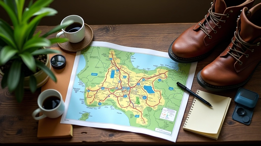 Wandelkaart en kompas op houten tafel met reismogelijkheden