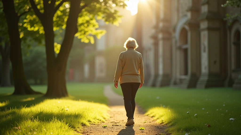 Senior vrouw wandelt door historische abdij