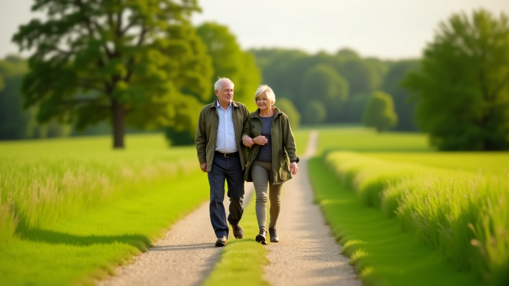 Senioren paar wandelend op een rustige landweg tussen groene velden