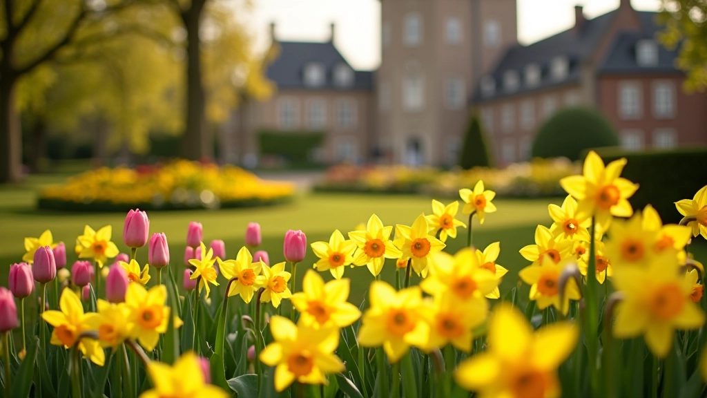 Lentebloemen in volle bloei rond kasteel Gaasbeek, tulpen en narcissen in formele tuinen