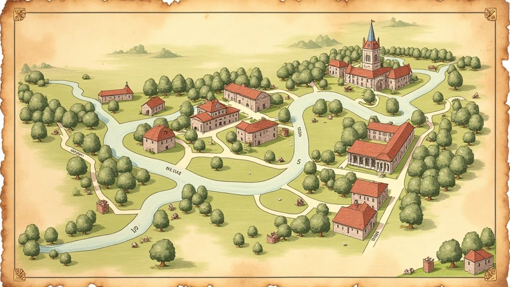 Historische kaart van abdijterreinen met aangeduide wandelpaden en belangrijke gebouwen